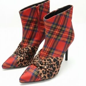 Betsey Johnson Red Plaid and Leopard Heeled Boots